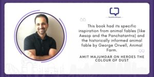 a thumbnail of author amit majmudar, a brown man smiling with his hands folded. Next to it is a quote from the interview