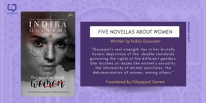 a feature image with the book cover of five novellas aout women (showing a women's face with cracked skin to resemble barren land), next to a quote from the review posted by Purple Pencil Project