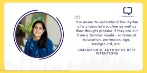 photo of a woman, author simran dhir, with a quote from her interview written in galcial difference font