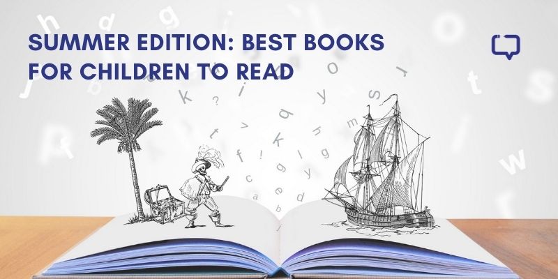 an illustration of books coming alive with the title best books for children to read in summer and the purple pencil project logo on the right