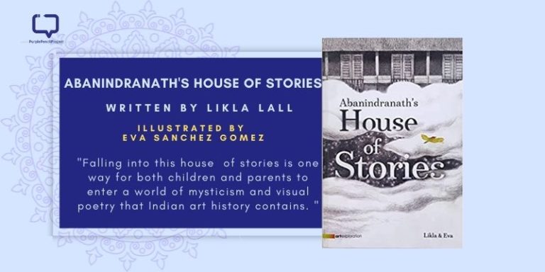 cover of the art book abanindranatha's house of stories with details about the book written in white text on a blue background