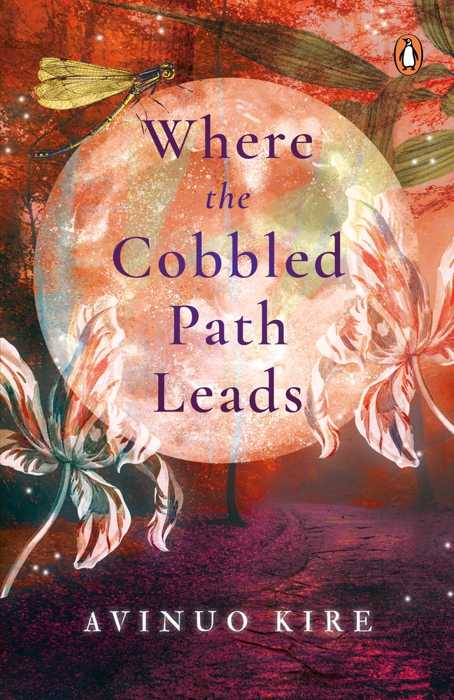 The cover of Where the Cobbled Path Leads by Avinuo Kire. The cover has a moon on it, with a few flowers superimposed on it and a dragonfly on a side. The base colour of the background is purple.