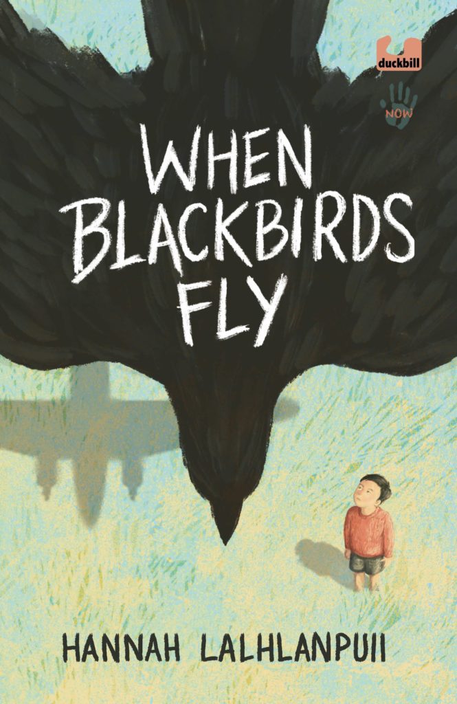 The cover of the book When Blackbirds Fly with a blackbird, shadow of a flying plane and a kid looking at the flying objects on it. 